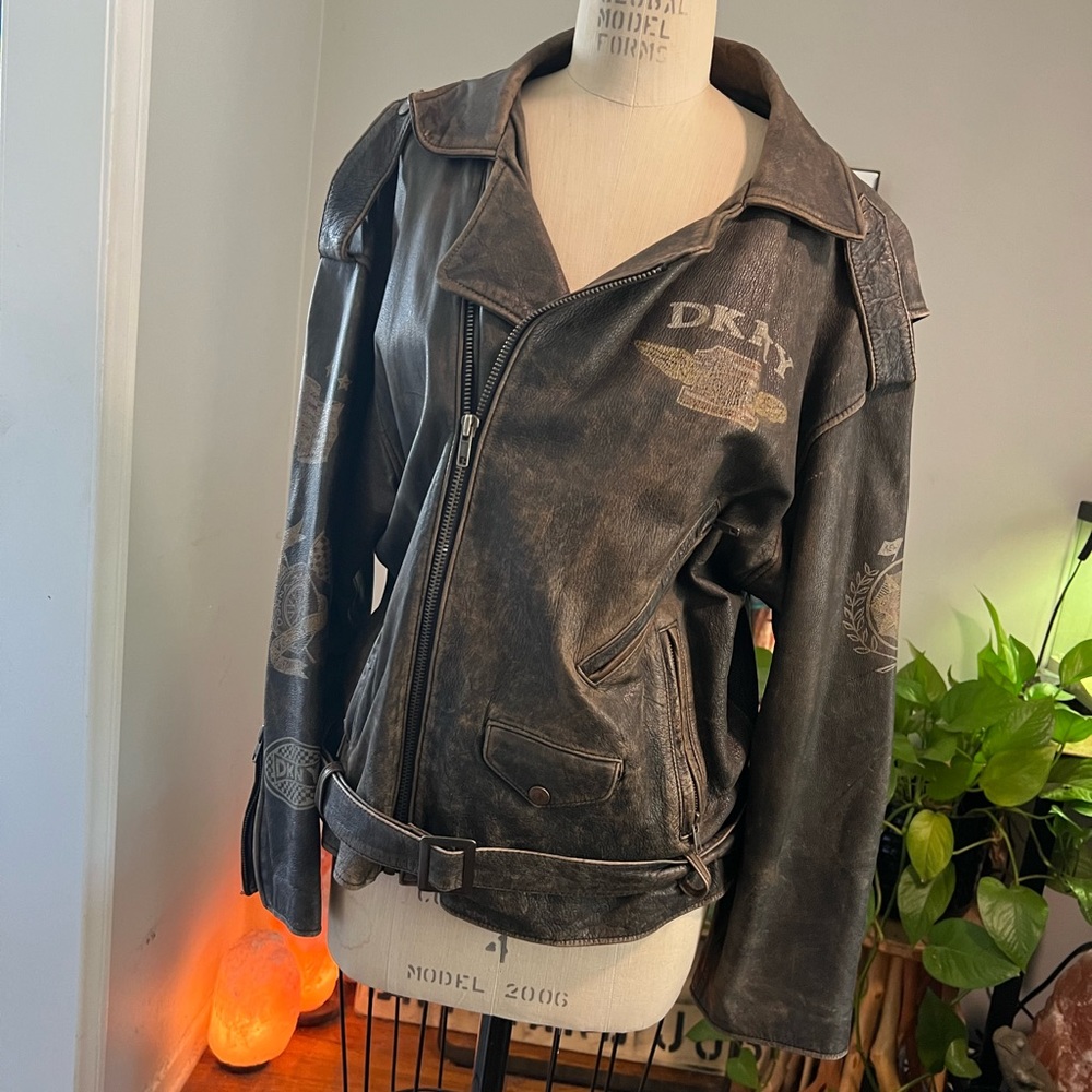 Vintage DKNY Bomber Jacket American Flag Rare 90’s Distressed Leather Moto